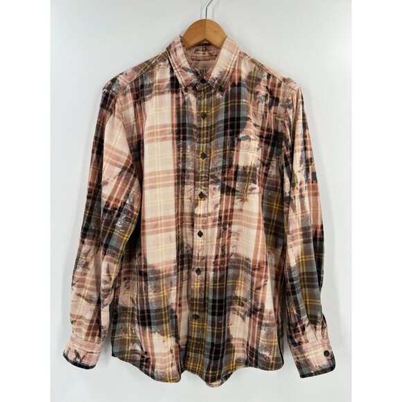 Franklin Flannels M Plaid Upcycled Bleached Grunge Tie-Dye Button Down Shirt - Picture 1 of 8